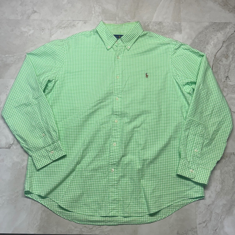 Ralph Lauren Gingham Button Down Green White Mens XXL Classic Fit Pony Logo